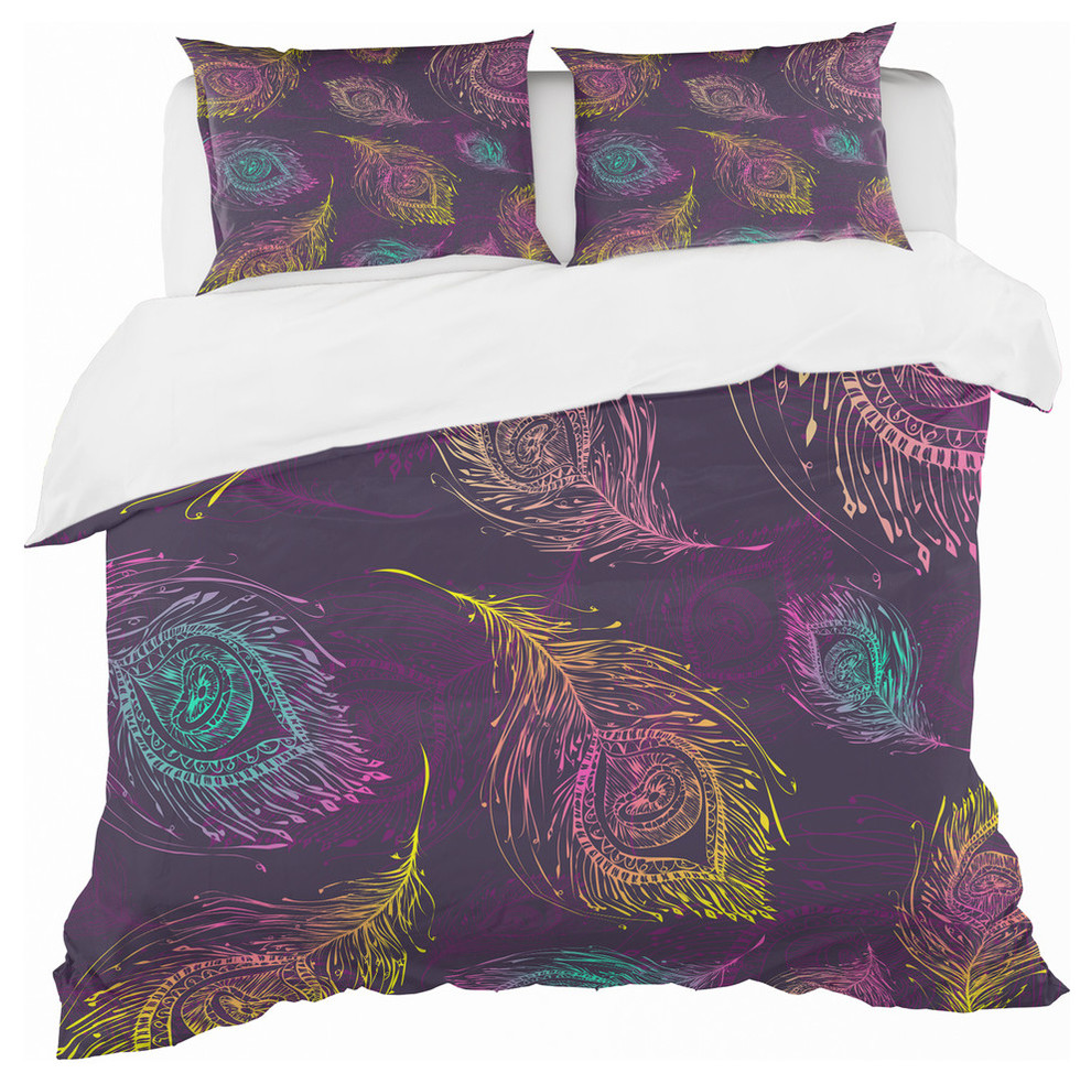 Peacock Feather Pattern Southwestern Duvet Cover Set, King + 2 Shams Contemporary Duvet
