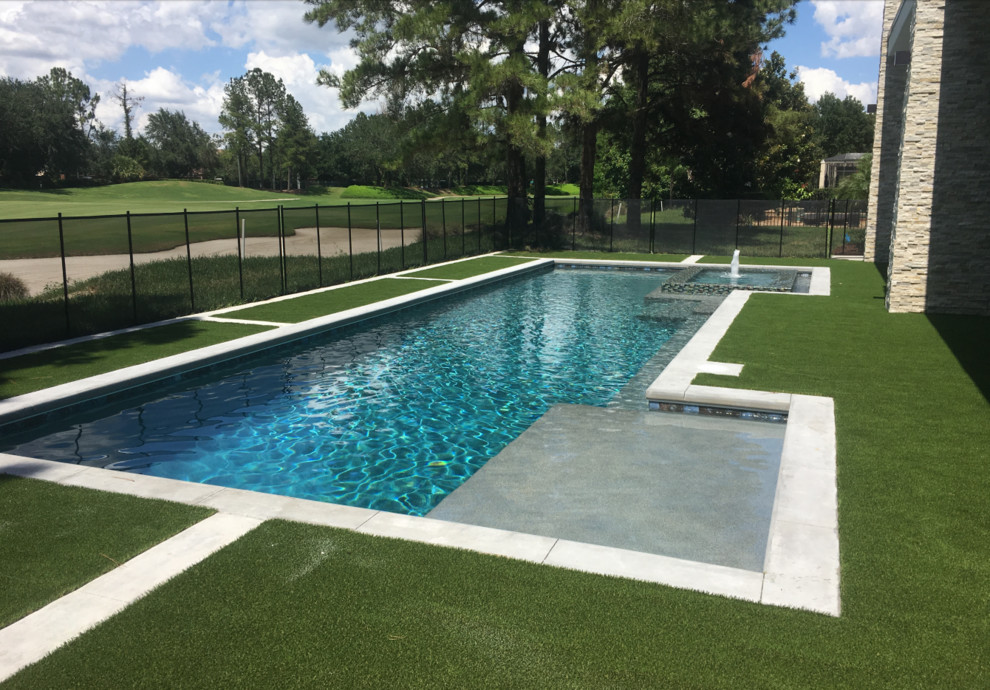 Expansive modern backyard custom-shaped natural pool in Orlando with a hot tub.