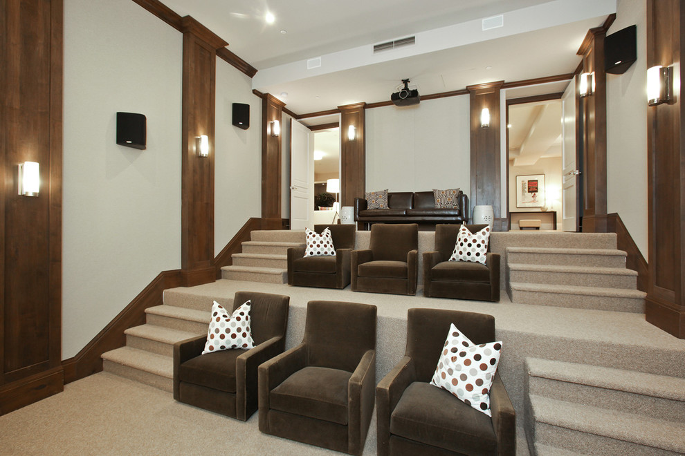 Inspiration for a transitional enclosed home theatre in San Francisco with carpet, a projector screen and beige floor.