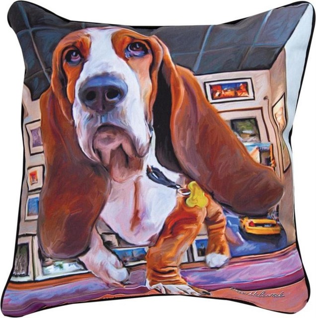 Pair of 'Bumping Along' Basset Hound Dog Print Throw Pillows 18 Inch
