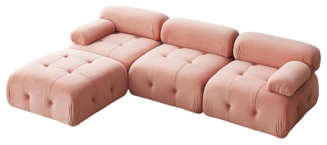 Modular Sectional Sofa, Unique Design With Tufted Teddy Fabric Seat, Pink