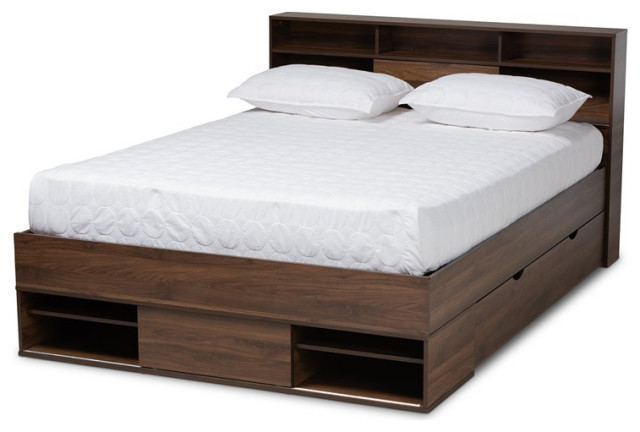 Baxton Studio Tristan Queen Size Walnut, Wood Queen Platform Bed With Storage Drawers