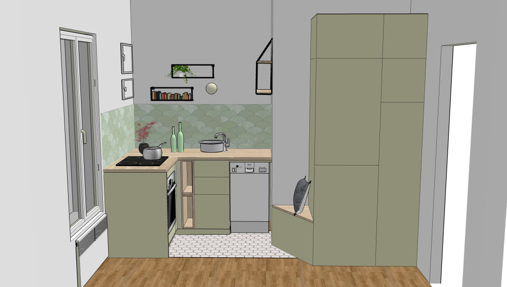 Foto på ett avskilt, litet minimalistiskt beige l-kök, med en enkel diskho, släta luckor, gröna skåp, träbänkskiva, grönt stänkskydd, stänkskydd i mosaik, svarta vitvaror, linoleumgolv och flerfärgat golv