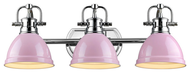 Duncan 3-Light Bath Vanity in Chrome With Pink Shades