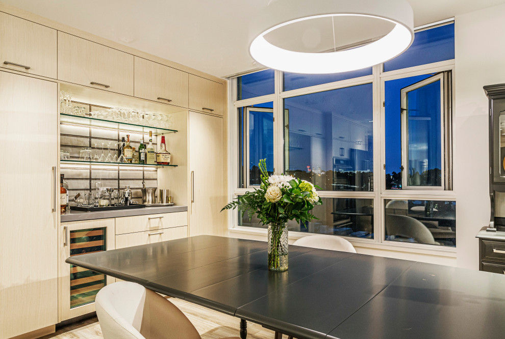 Medium sized contemporary open plan dining room in San Diego with grey walls, vinyl flooring and brown floors.