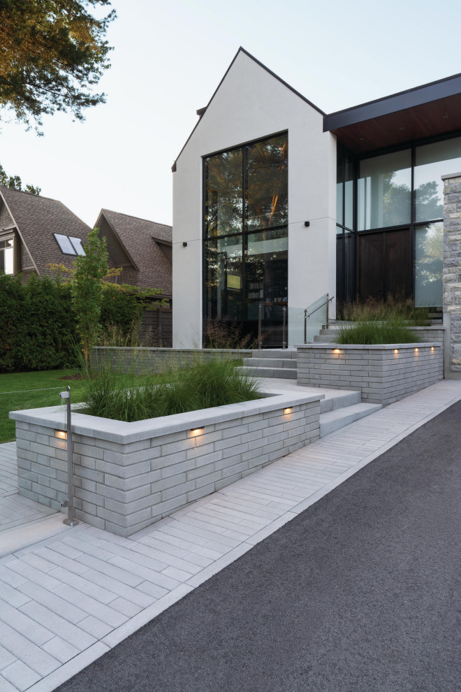 Idee per un vialetto d'ingresso minimalista esposto in pieno sole di medie dimensioni e davanti casa con un muro di contenimento, pavimentazioni in cemento e recinzione in metallo