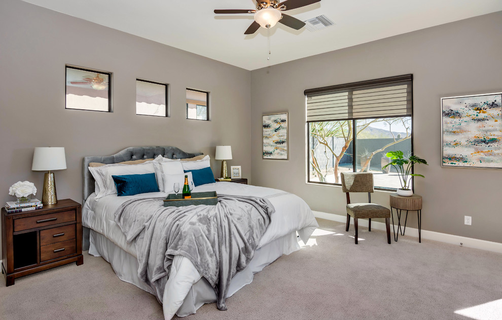 Bedroom - mid-sized transitional master carpeted and gray floor bedroom idea in Phoenix with gray walls