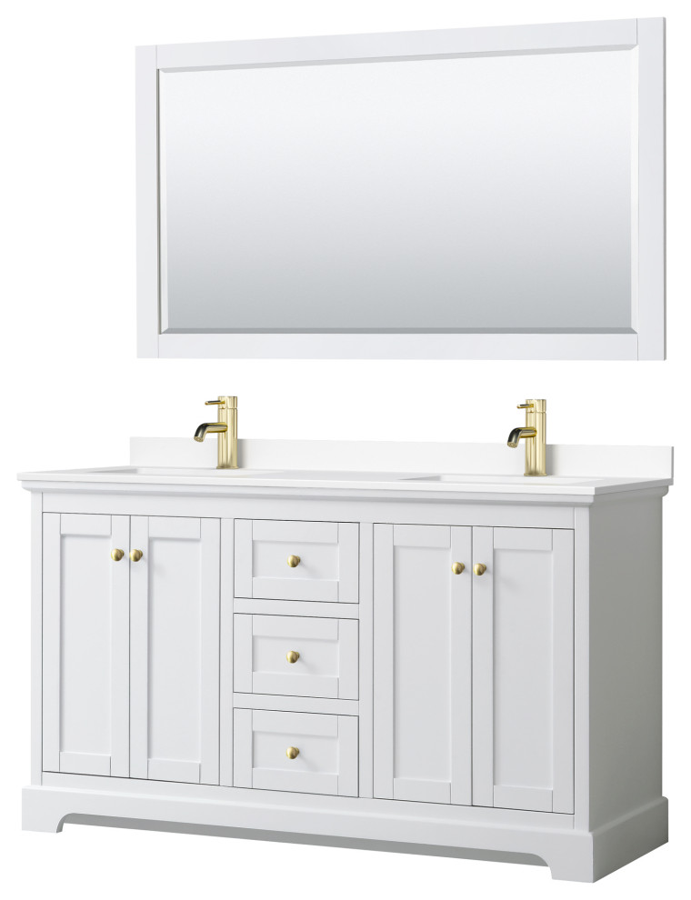 Avery 60" White Double Vanity, White Marble Top, 58" Mirror, Brushed