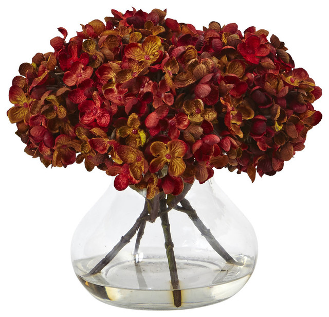 Hydrangea With Vase Silk Flower Arrangement, Rust