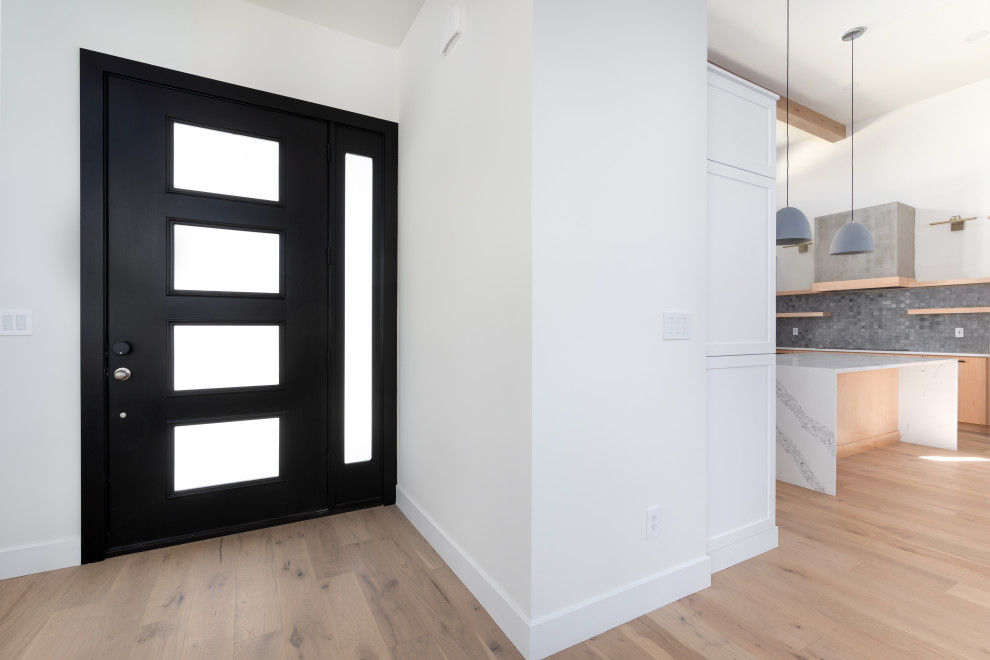 Источник вдохновения для домашнего уюта: большая входная дверь в стиле модернизм с белыми стенами, светлым паркетным полом, одностворчатой входной дверью, черной входной дверью, коричневым полом и балками на потолке