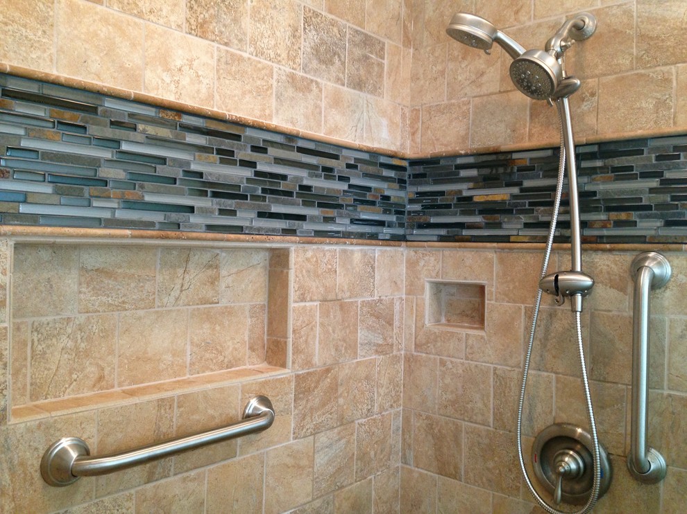 Mid-sized transitional master beige tile and porcelain tile porcelain tile alcove shower photo with raised-panel cabinets, white cabinets, a two-piece toilet and blue walls