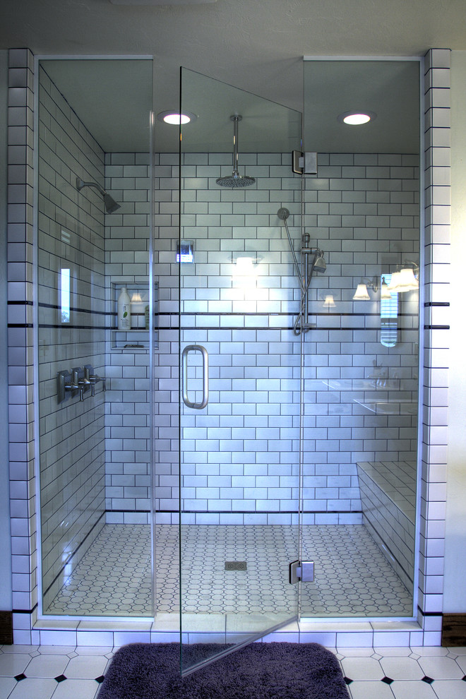 This is an example of a mid-sized traditional master bathroom in Other with a double shower, white tile, subway tile, white walls, ceramic floors, a drop-in tub, a two-piece toilet and tile benchtops.