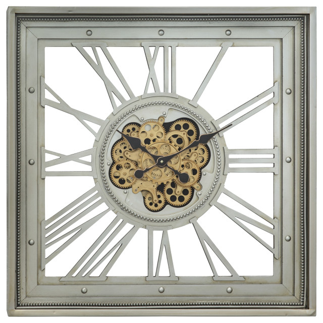 Yosemite Home Decor 32" Metal Clock with Open Moving Gears in Silver