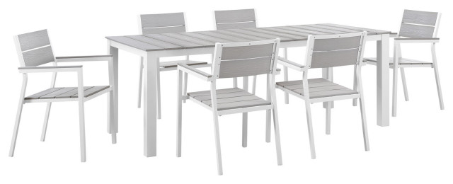 Maine 7-Piece Outdoor Aluminum Dining Set, White Light Gray