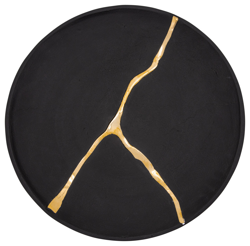 16" Round Wall Art With Gold Inlay, Charcoal Contemporary Metal