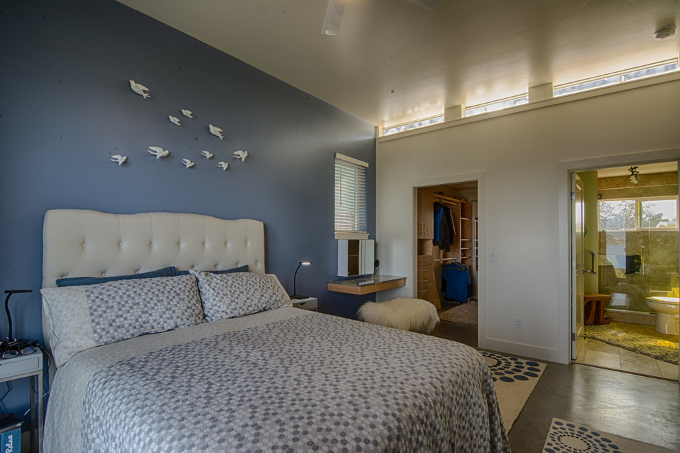 Inspiration for a mid-sized contemporary master bedroom in San Luis Obispo with blue walls, concrete floors and no fireplace.