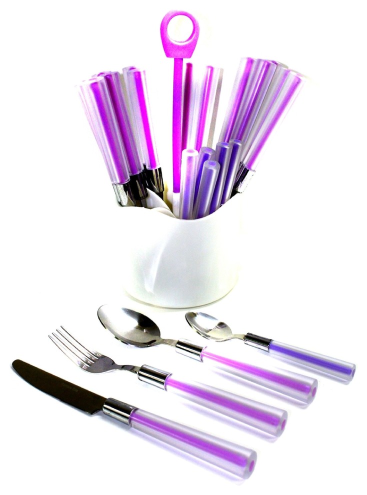 Unique Stainless Steel 24Piece Flatware Set with Purple Handles Contemporary Flatware And