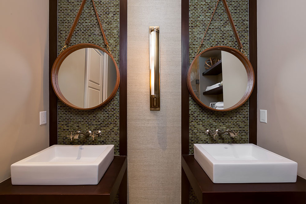 Photo of a mid-sized traditional 3/4 bathroom in Miami with a vessel sink, brown cabinets, wood benchtops, a double shower, a two-piece toilet, green tile, glass tile, white walls and porcelain floors.