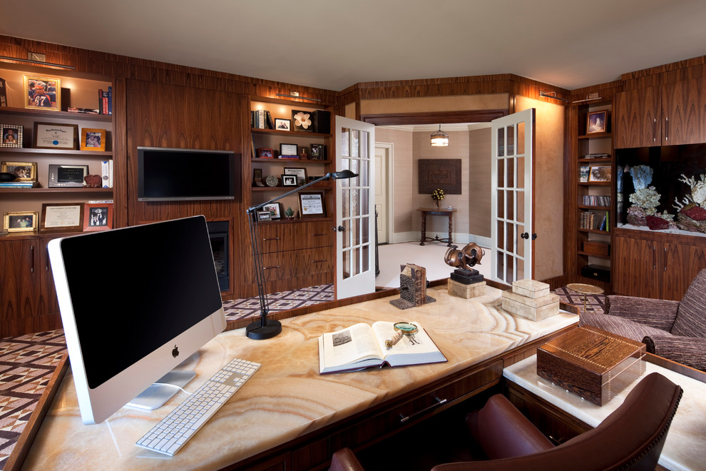 Photo of a contemporary home office in New York with carpet and a freestanding desk.