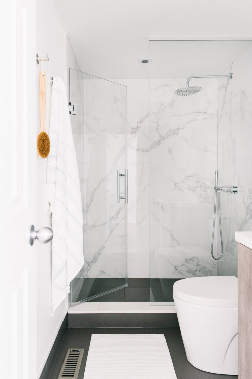 Tranquil Retreat: White Marble Backsplash in Small Shower Room Ideas