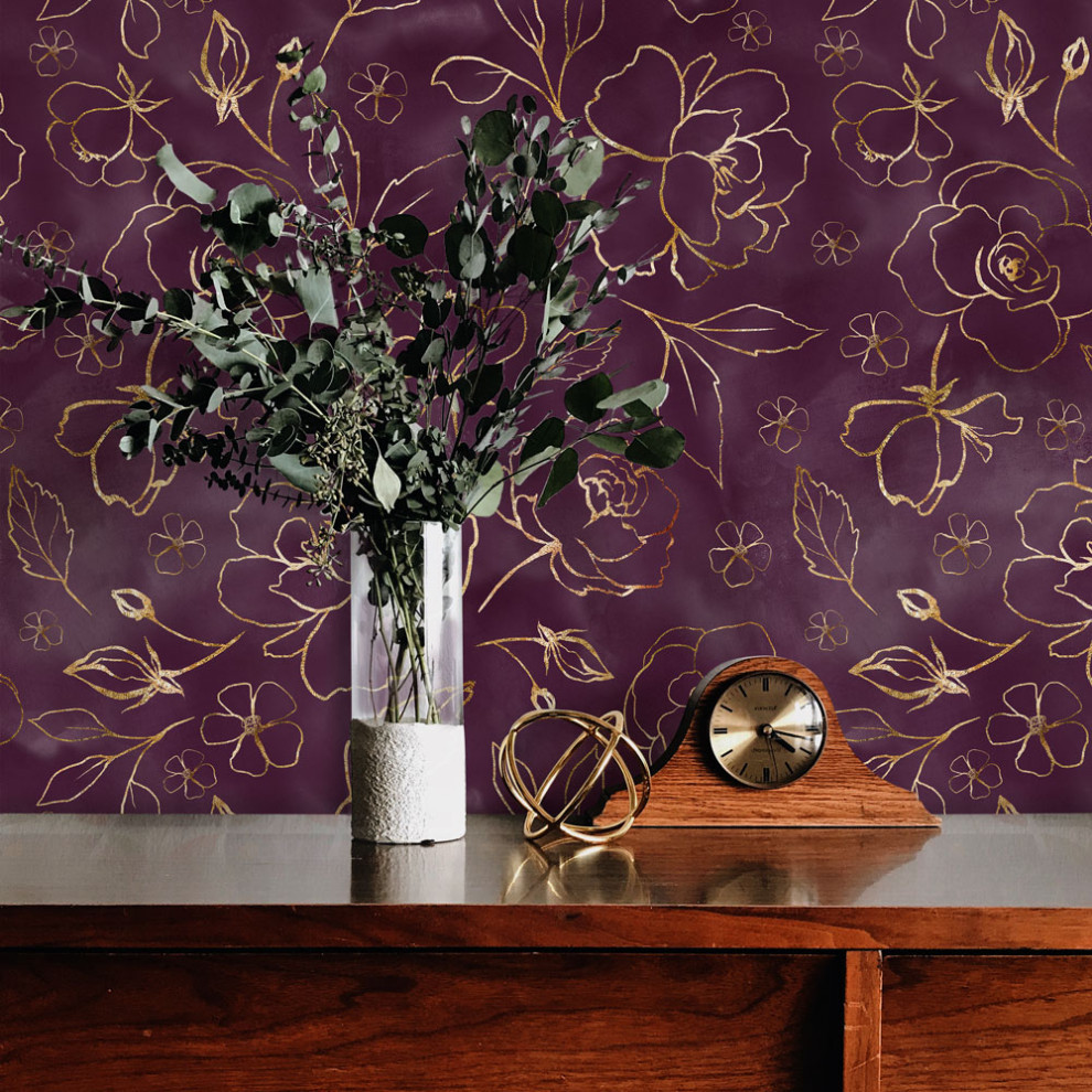 トロピカルスタイルのおしゃれなリビング (紫の壁、壁紙) の写真