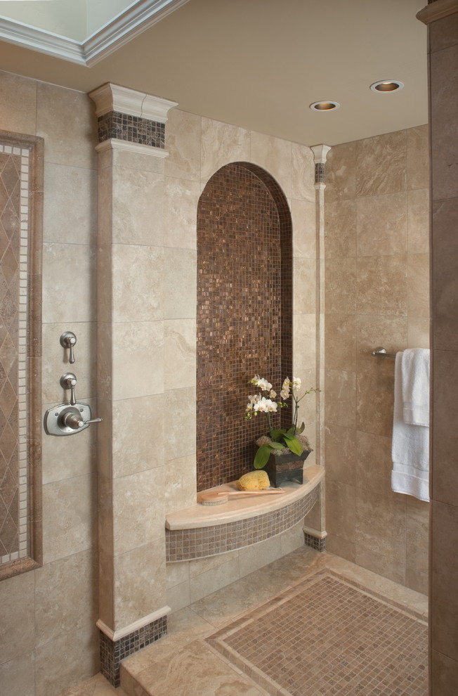 Design ideas for a mediterranean bathroom in San Diego with mosaic tile and a niche.