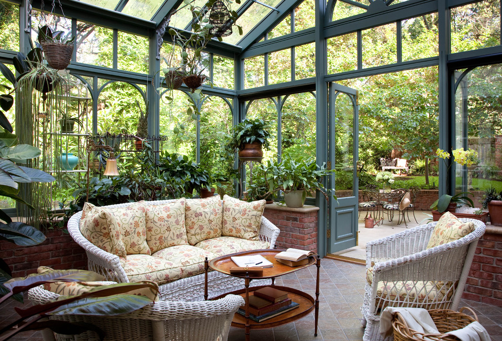Design ideas for a traditional sunroom in Austin with a glass ceiling.