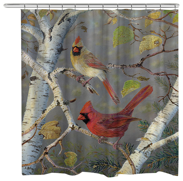 Cardinals in Birch Shower Curtain, 71"x74" Contemporary Shower