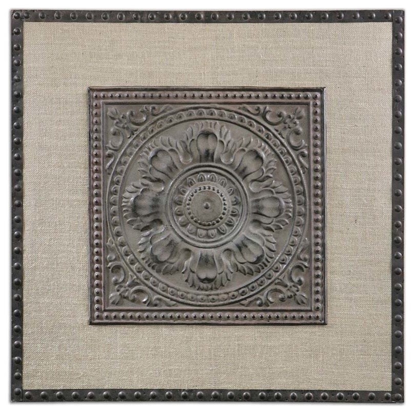 Ornate Embossed Metal Square Wall Art, Stamped Floral Linen