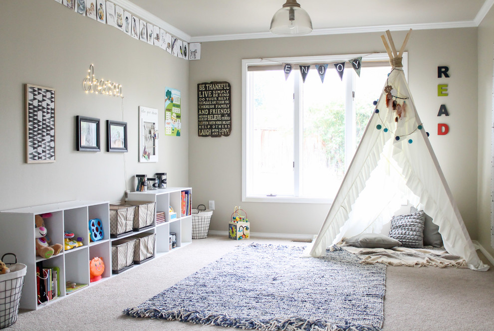 Transitional gender-neutral toddler room in Seattle with beige walls and carpet.