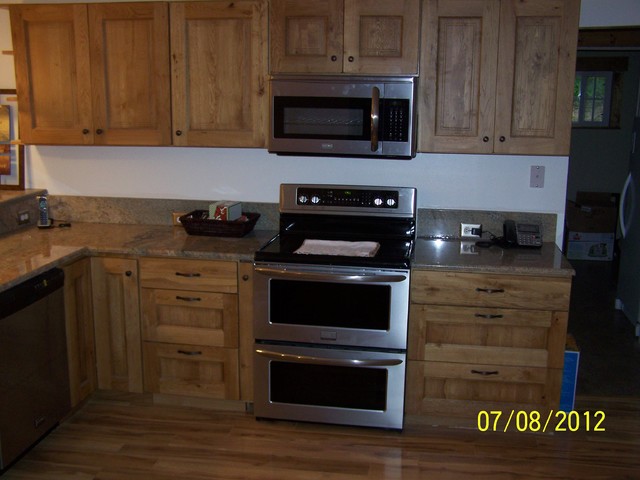 Wood Kitchen Cabinets Stone Oak Tan Levers Rustic Knotty Oak Kitchen Cabinets