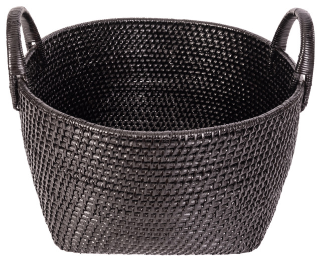 Saboga Home Round Basket With Hoop Handles, Tudor Black, 16.5"x16.5"x9"