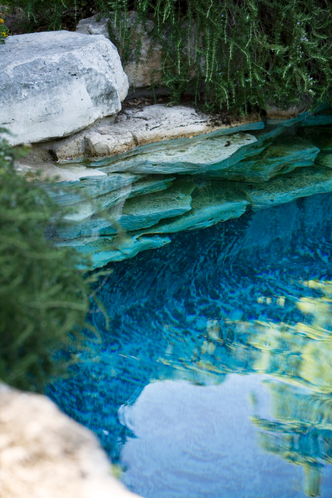 Inspiration for a mid-sized country backyard custom-shaped natural pool in Austin with a hot tub and brick pavers.