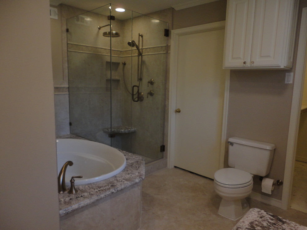 Inspiration for a medium sized classic ensuite bathroom in Dallas with shaker cabinets, white cabinets, a built-in bath, a corner shower, beige walls, travertine flooring, a submerged sink and soapstone worktops.