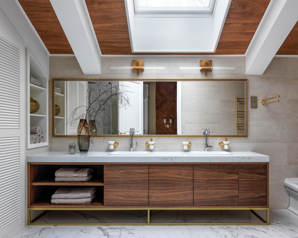 Large transitional bathroom in Moscow with flat-panel cabinets, dark wood cabinets, beige tile, a drop-in sink, white floor, white benchtops, a double vanity, a freestanding vanity and vaulted.