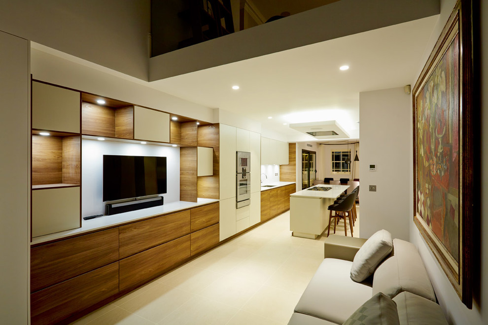 This is an example of a contemporary living room in London with limestone floors.