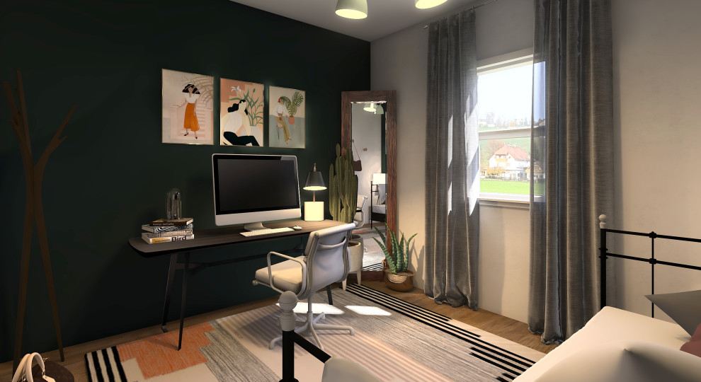 Small transitional guest light wood floor bedroom photo with green walls