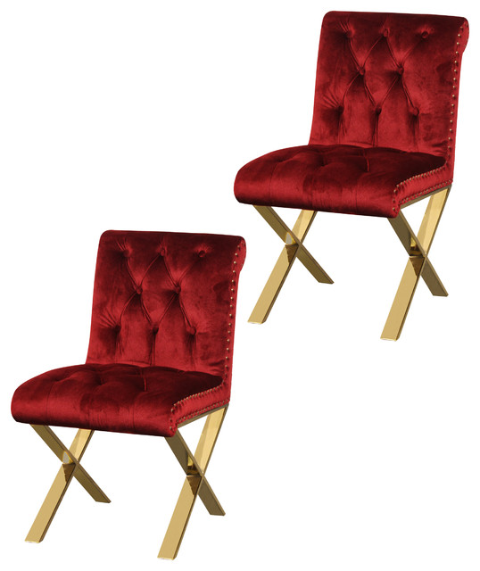 Claire Velvet Dining Chairs With Gold Legs, Set of 2 Contemporary