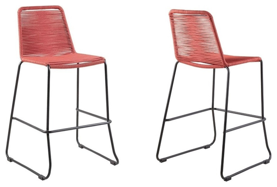 Outdoor Bar Stool with Fishbone Rope Weaving Set of 2 Red Beach Style