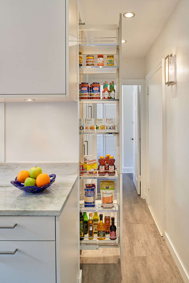 Photo of a small modern kitchen pantry in DC Metro with a double-bowl sink, flat-panel cabinets, grey cabinets, quartzite benchtops, white splashback, stainless steel appliances, vinyl floors and no island.
