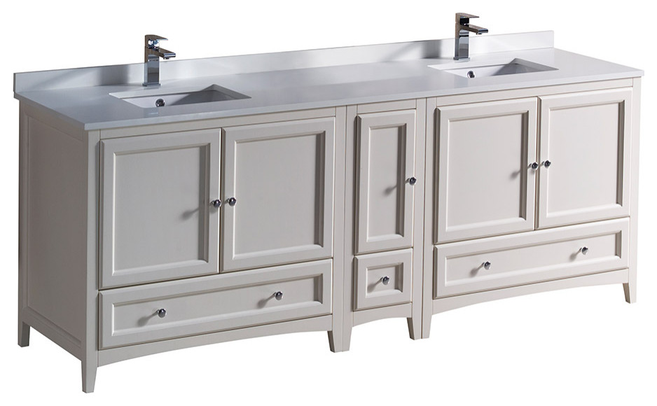 Oxford 83"-84" Double Bathroom Cabinet, Antique White, With Top and Sinks