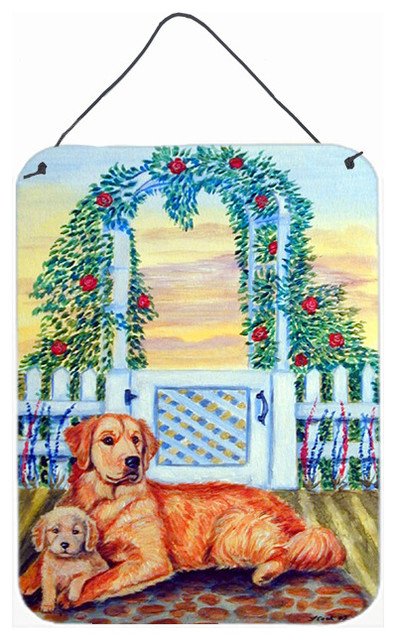Golden Retriever with puppy at the gate Metal Wall or Door Hanging