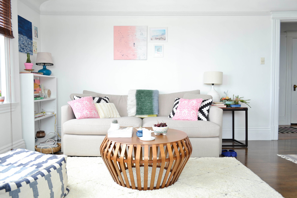 Living room - small eclectic open concept dark wood floor living room idea in San Francisco with white walls