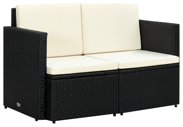 vidaXL 2 Seats Patio Sofa with Cushions Black Poly Rattan Garden Seat Chair  - Tropical - Outdoor Loveseats - by Vida XL International B.V. | Houzz