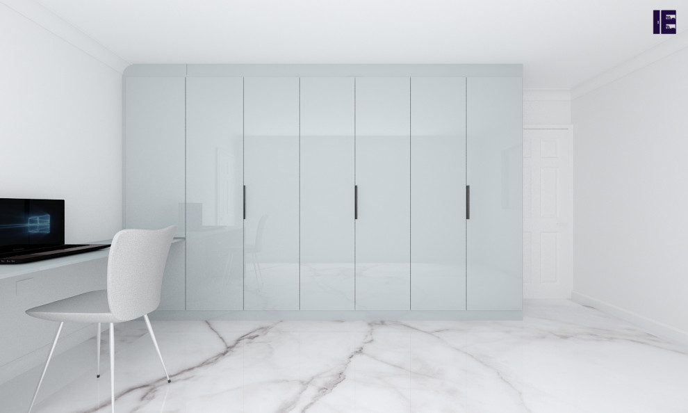 This is an example of a small modern storage and wardrobe in London with flat-panel cabinets, grey cabinets, marble floors, white floor and wood.