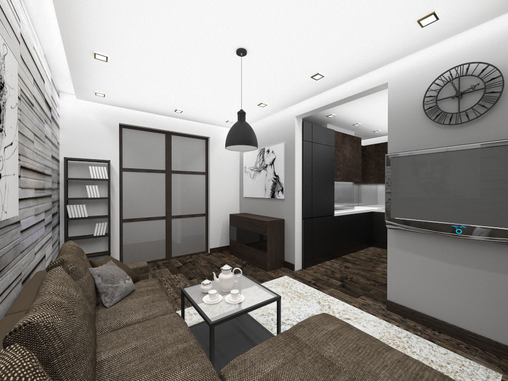 Черно-серая квартира с черно-коричневой кухней