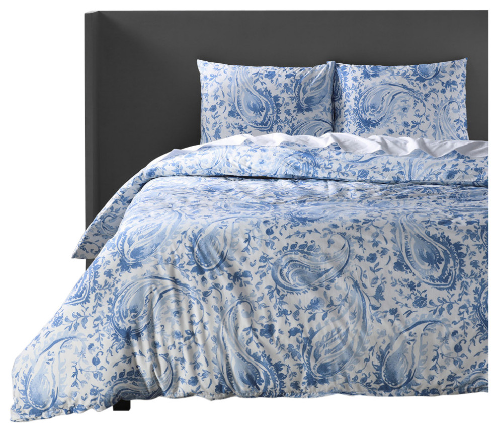 Mystic Blue Cotton Percale Printed Duvet Cover Set Mediterranean