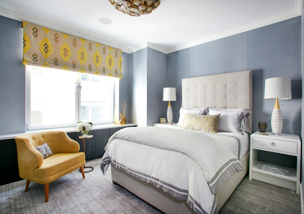 Mid-sized transitional guest carpeted and gray floor bedroom photo in New York with blue walls