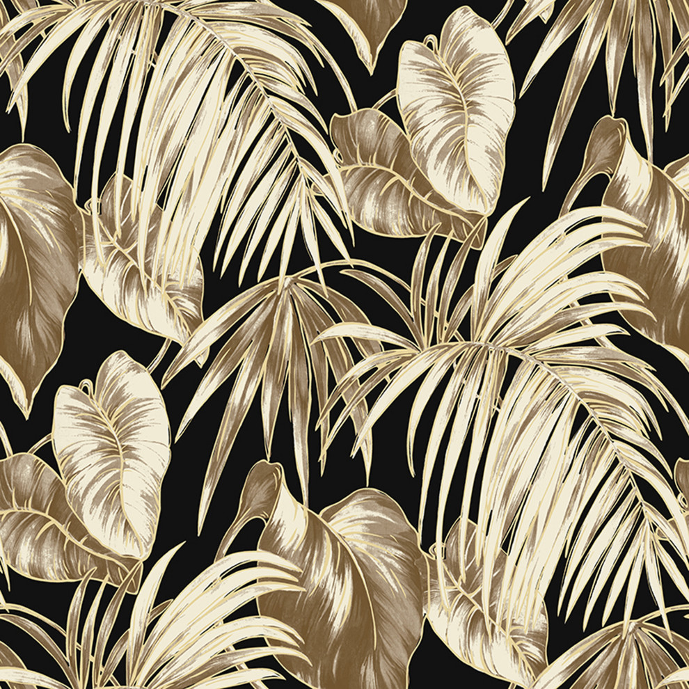 Tropical Flowers Black and Gold 32'x20.8" Wallpaper Tropical