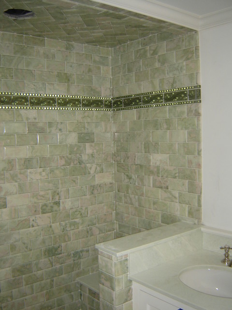  Green  marble subway tile  shower 